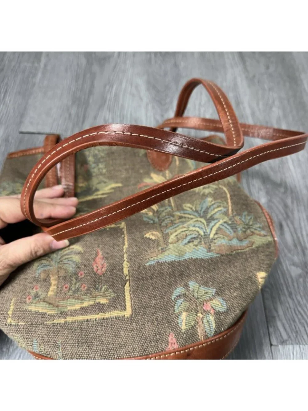Tommy Bahama Vintage Handmade Tropical Palm Trees Canvas Round Leather Bag
